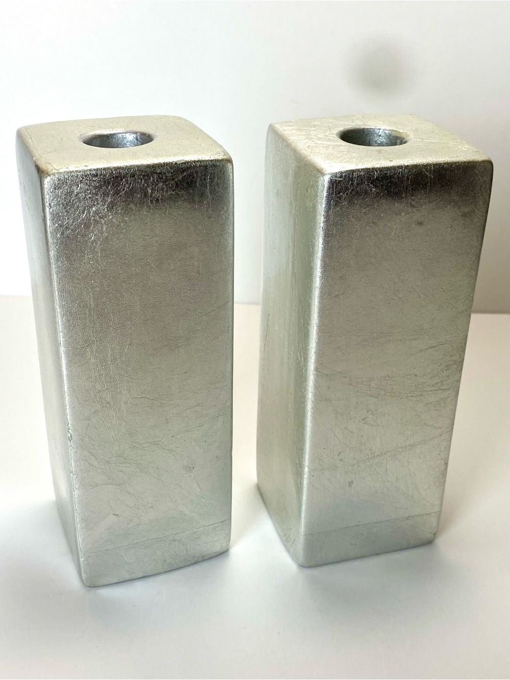 Vintage MCM Pair of Silver Leaf Rectangular Candlesticks